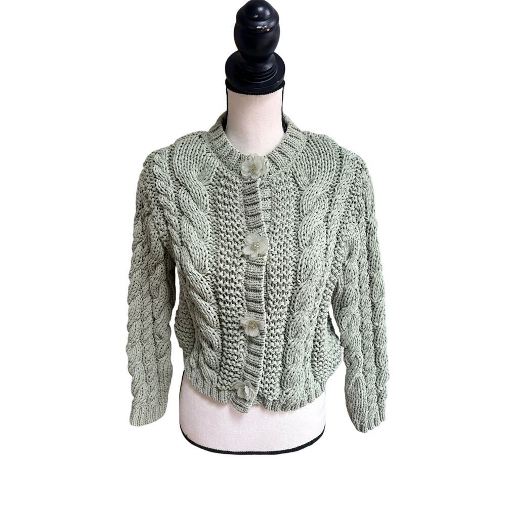 Zara Women's Sage Green Cable Knit Cardigan Floral Buttons Cropped Size S